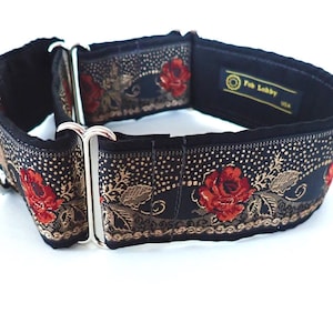ROSE ROUGE 2" wide padded fully lined MARTINGALE wide Dog collar. Red and gold roses on black. Size choice. Special occasion