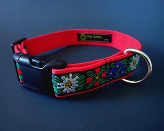 EDELWEISS 1 " wide Dog collar and optional red leash. Red, white, blue, green, black on Red webbing. Black buckle. Size, style choice