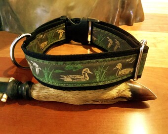DUCKS MALLARDS 1.5" wide Dog collar Tan, green on charcoal Black on black webbing. Black buckle, Size choice duck hunters bird dog collar