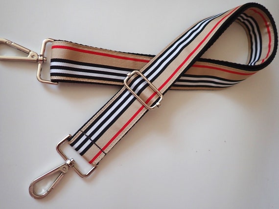 CLASSIC STRIPES Crossbody Purse Strap. Beige, White, Red and Black Purse  Strap, Camera Strap. 1 1/2 Wide. Silver or Gold Tone Hardware. 