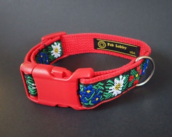 EDELWEISS 2,5 cm breites Hundehalsband und optional ROTE Leine. Rote Schnalle. Rot, weiß, blau, grün, schwarz auf rotem Gurtband. 1 "breit, Größe, Stil Wahl