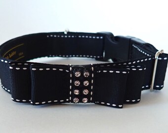 BOW TIE TUXEDO Bling 1" wide Dog collar and optional Black leash. Black and white on Black webbing. Black leash. Wedding collar