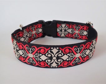 DOLMAN 1.5" wide Dog collar Red, beige on Black webbing. Size, style choice