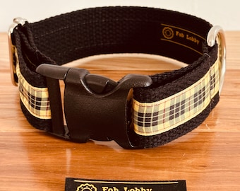 TARTAN MCLEOD 1.5" wide Dog collar Black and red on yellow on black webbing.  Size choice. Scotty dog collar Westie Tartan collar