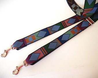 DOUBLE DIAMONDS Crossbody Purse strap. Blue, green, tan, black purse strap. Silver tone hardware. Western wear.