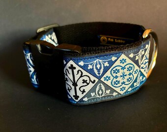 GLYPH DIAMONDS 2" wide Dog collar, Big Diamond glyphs, blue, red, green color options. Size choices. Black buckle. Medieval Fantasy collar.