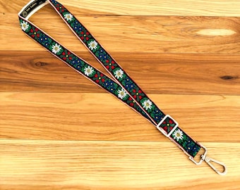 EDELWEISS FLORAL Badge Lanyard.Key chain. 1" wide Gold or Silver hardware. Bavarian lanyard, Alpine lanyard, floral lanyard
