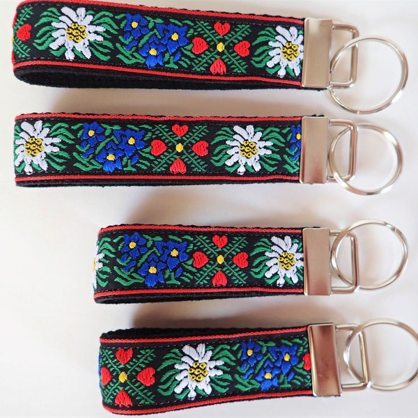 EDELWEISS Key Fob. Jacquard fob red, white, blue, green on Black webbing. Silver nickel hardware. Wristlet. 1" wide, Size choice