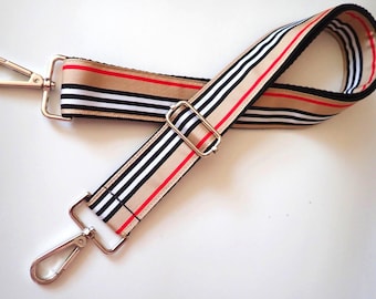 CLASSIC STRIPES 1.5" wide Crossbody Purse strap. Beige, White, red and black purse strap, camera strap.  Silver or Gold tone hardware.