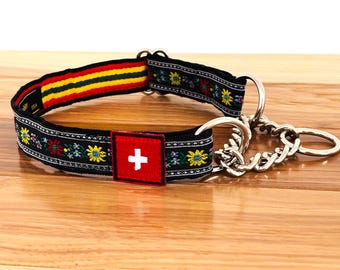 Edelweiss 7/8” wide MARTINGALE with SWISS FLAG adjustable collar with short chain loop. On matching stripes webbing. Size choices