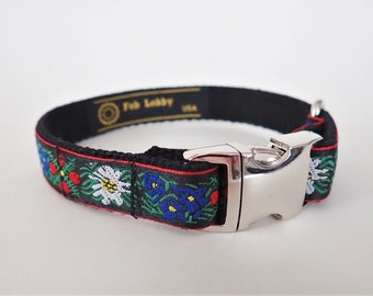 5/8" wide DAISIES or EDELWEISS Puppy Dog or Small dog collar on Black webbing. 5/8" wide, Metal buckle, Size choice. Bavarian, Swedish