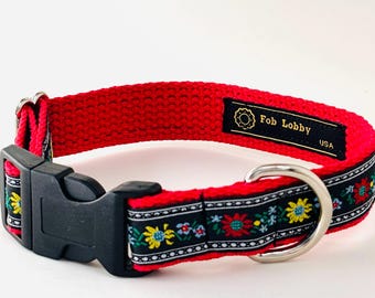 EDELWEISS 1 " wide Dog collar  Red, yellow, white, blue, green, black on Red webbing. Black buckle. Size, style choice