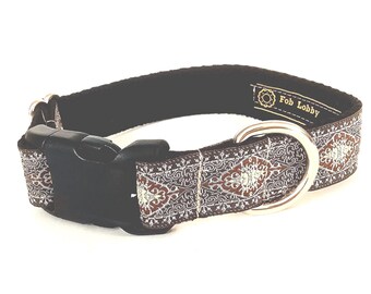 BLACK and TAN Tapestry 1 " wide Dog collar. Tan, Brown, off white on Black webbing. Black, gold or silver buckle. Size choices.