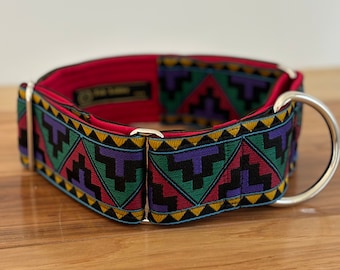 TURRETS 2 1/8" wide Jacquard, soft Flannel lined MARTINGALE Dog collar. green red purple yellow black  Geometric pattern Greyhound collar