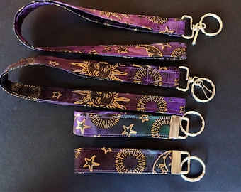 SUN and MOON Key Fobs and Badge Lanyards. Purple and green night sky lanyard, Astral lanyard, Healer lanyard, teacher lanyard,Choice of size