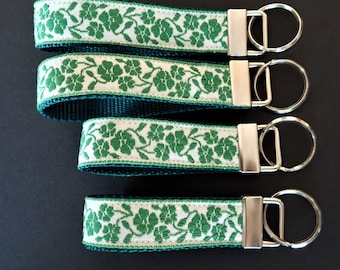 SHAMROCK Key Fob. Jacquard fob green on white. Green webbing. Silver nickel hardware. Wristlet. 1" wide, Size choice. St Patrick, Irish fob