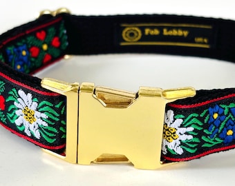 EDELWEISS 1” wide Dog collar with gold, silver metal or black lock buckle and optional Edelweiss leash on Black webbing. Size, style choices