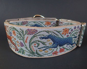 Stag and Wolf 2 1/4" wide Tapestry, Heavy canvas lined MARTINGALE wide Dog collar. BLACK or GREY color options. Size, colors choice