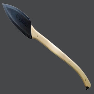 May include: A black bladed spear with a wooden handle. The blade has the text "Yjoraftz" on it.