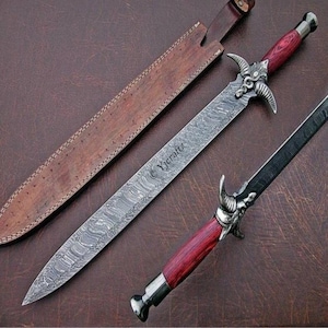 Hand Forged, Custom Damascus Steel Sword 28 inches, Full Tang, Vikings Swords, Cutlass, With Sheath, Birthday Gifts For Father, Gift For Her