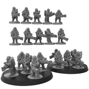 Puede incluir: Un conjunto de 14 figuras en miniatura de plástico gris que sostienen armas futuristas. Las figuras están de pie sobre bases negras.