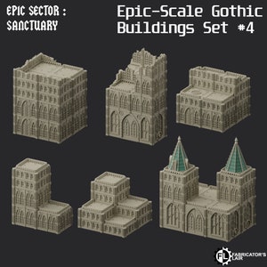 May include: A set of six 3D printed miniature gothic buildings, perfect for tabletop gaming or model building. The buildings are made of a light gray plastic and feature intricate details, including windows, doors, and towers. The set includes a tall tower, a smaller tower, a building with a large archway, a building with a flat roof, and two buildings with pitched roofs.