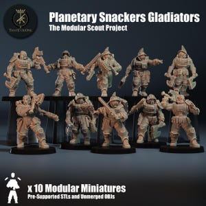 Könnte beinhalten: Zehn 3D-gedruckte Miniaturfiguren von futuristischen Kriegern, in verschiedenen Kampfstellungen. Die Figuren sind aus hellbraunem Kunststoff und Teil eines modularen Scout-Projekts namens "Planetary Snackers Gladiators".