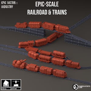 May include: An assortment of red miniature train cars and locomotives on gray tracks and bridges. The text "EPIC-SCALE RAILROAD & TRAINS" is displayed in white. The image also includes the text "EPIC SECTOR: INDUSTRY".