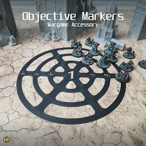 Könnte beinhalten: Schwarzer kreisförmiger Zielmarker mit konzentrischen Ringen und Zahlen für ein Kriegsspiel. Der Marker befindet sich auf einer rissigen, hellbraunen Oberfläche mit Miniaturfiguren drumherum.