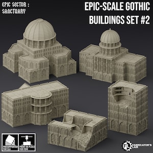 Op de afbeelding: Vijf 3D-geprinte modellen van gotische gebouwen, waaronder een kathedraal, een kerk en een verwoest gebouw. De modellen zijn geprint in grijs plastic en zijn ontworpen voor tabletop-gaming.