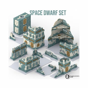 Może przedstawiać: Zestaw Space Dwarf Set składający się z miniaturowych elementów terenu do gier bitewnych w kolorze morskim i złamanej bieli. Kolekcja zawiera różne zniszczone fragmenty murów, wielopoziomową konstrukcję narożną oraz wysoką prostokątną wieżę.