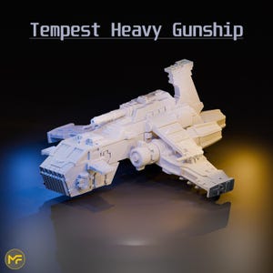 May include: A white Tempest Heavy Gunship model with a detailed, futuristic design. The model features multiple wings, a central body, and various mechanical components. The text "Tempest Heavy Gunship" is displayed above the model.