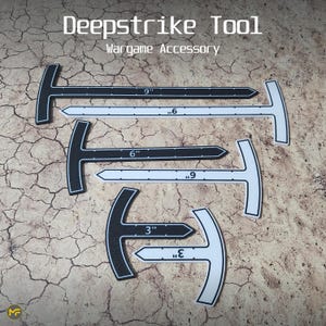 Op de afbeelding: Drie zwarte en witte plastic meetgereedschappen voor wargames. De gereedschappen zijn T-vormig met een puntige punt en meten 7,6 cm, 15,2 cm en 22,9 cm.