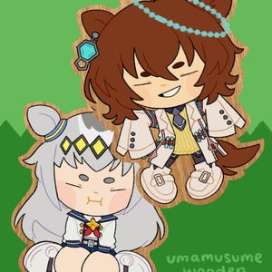May include: Two cartoon character wooden keychains. One character has brown hair and wears a white coat. The other character has white hair and wears a blue and white uniform. The text "netizen." is in the top left corner. The text "umamusume wooden keychain" is in the bottom right corner.