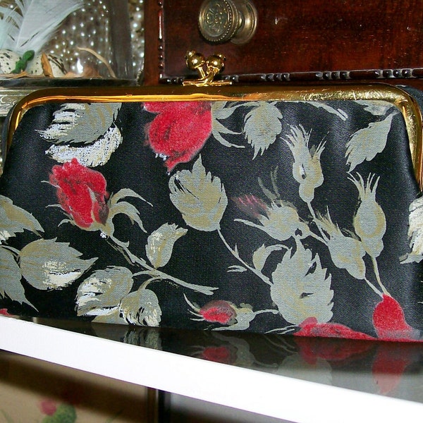 FabULoUs Vintage Wallet Red Crushed Flocked Velvet Roses on Black Satin MAD MEN