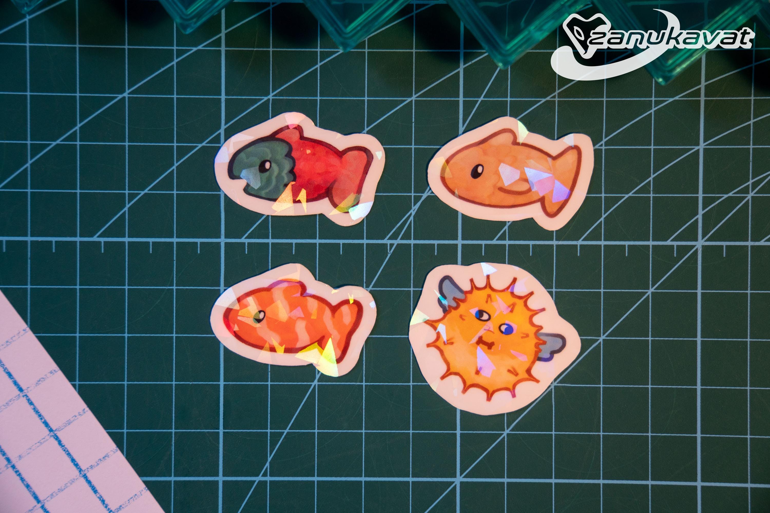 Minecraft Cute Fish Variations Holographic Stickers, 1" Waterproof Holo ...