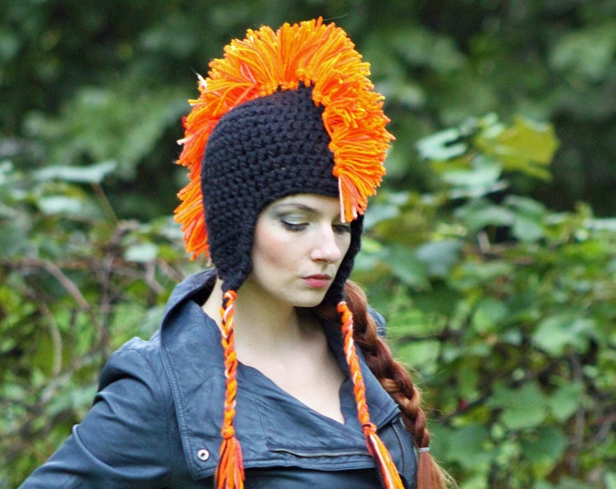 Black and Orange Mohawk Earflap Hat One of a Kind Crochet Handmade Boyfriend Gift