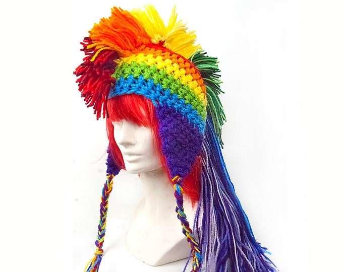 Rainbow Mohawk Hat Ear Flap  Extreme Long  Faux Hair Pride Stocking Stuffer Handmade gift winter for Men Women Boys & Girls Christmas