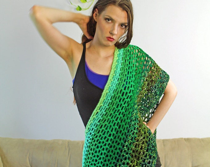 Striped Green Ombre Sweater Shades of Lush Forest Gradient Shawl Wrap Unique Handmade Crochet Stole Accessory  Spring Fall Winter Gift her