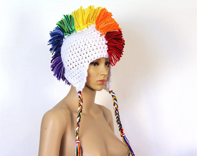 White EarFlap Hat Rainbow Mohawk Handmade Crochet Gift
