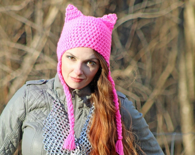 This Hot Pink Pussy Hat Grabs Back! Cat Kitten Fox Ear EarFlap Cap Women's March on Washington. Political Fashion Accessory METOO Times up