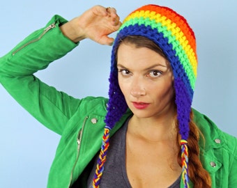 Rainbow EarFlap Hat Striped Beanie Handmade Christmas Gift Ready to Ship