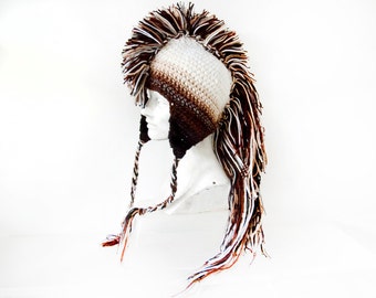 Mohawk Hat Earthy Brown Tones Ombre y White Handmade Christmas Gift Listo para enviar Regalo para novio