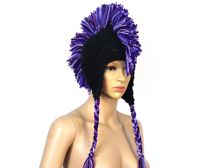 Black Purple Mohawk EarFlap Hat  Adult or Kids Hat  Handmade Christmas Gift Ready to Ship