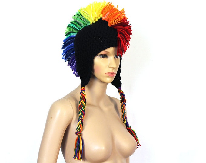 Mohawk Black Rainbow EarFlap Hat Handmade One of a Kind Gift