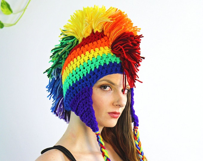 Rainbow Mohawk Ear Flap Beanie Hat Handmade Fall or Winter   LGBTQ Pride  Beanie Cap Girlfriend or Boyfriend Gift