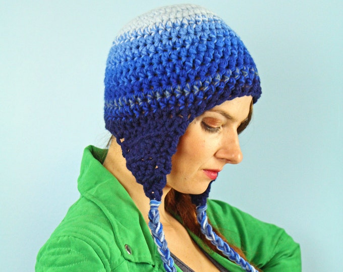 Blue Ombre Ear Flap Hat Blue Gradient Hat Great Gift for Children Teens or Adults Men and Women