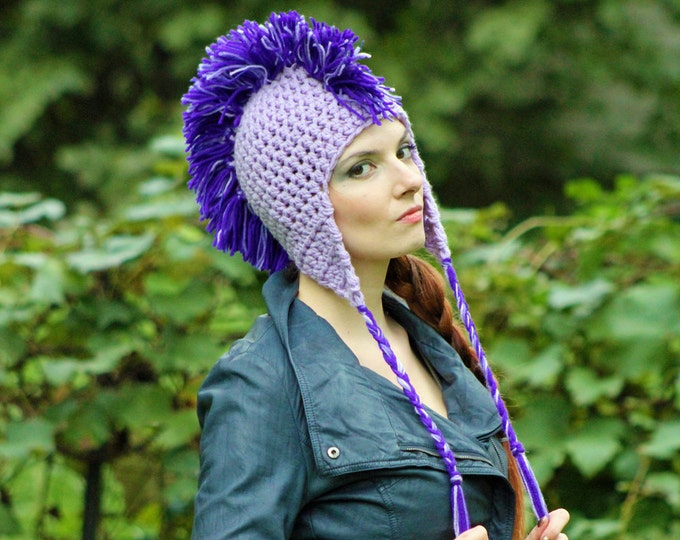 Light Purple Earflap Hat  w/ Dark Purple Mohawk