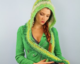 Green Crochet Hooded Scarf: Handmade Winter Snood