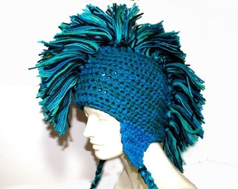 Teal and Blue Mohawk Earflap  Beanie Hat Handmade Gift Stocking Stuffer for Men, Women Teens Boys and Girls